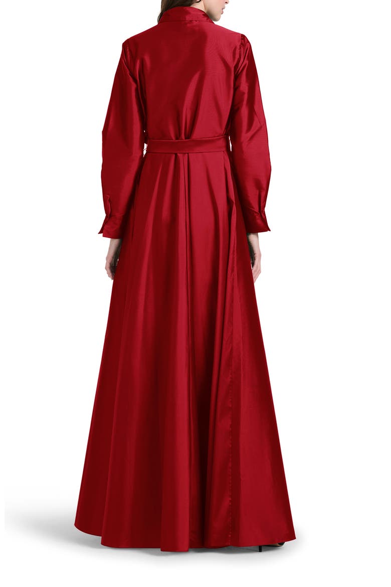 Crystal Bow Button Long Sleeve Taffeta A-Line Gown, Alternate, color, RED
