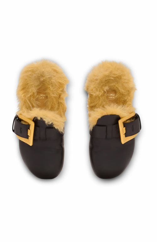 Balmain Flat Leather And Faux Fur Mules In Black
