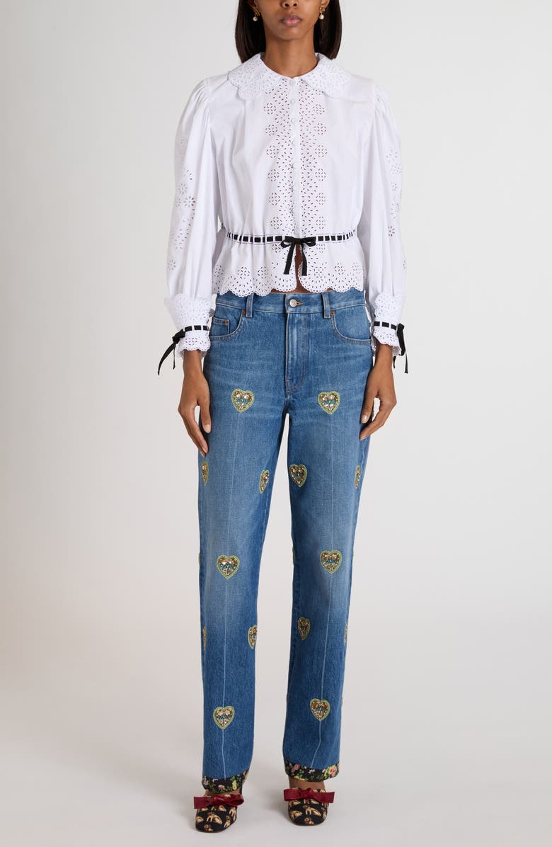 Valentino Garavani Heart Embroidered Denim Jeans, Alternate, color, Denim