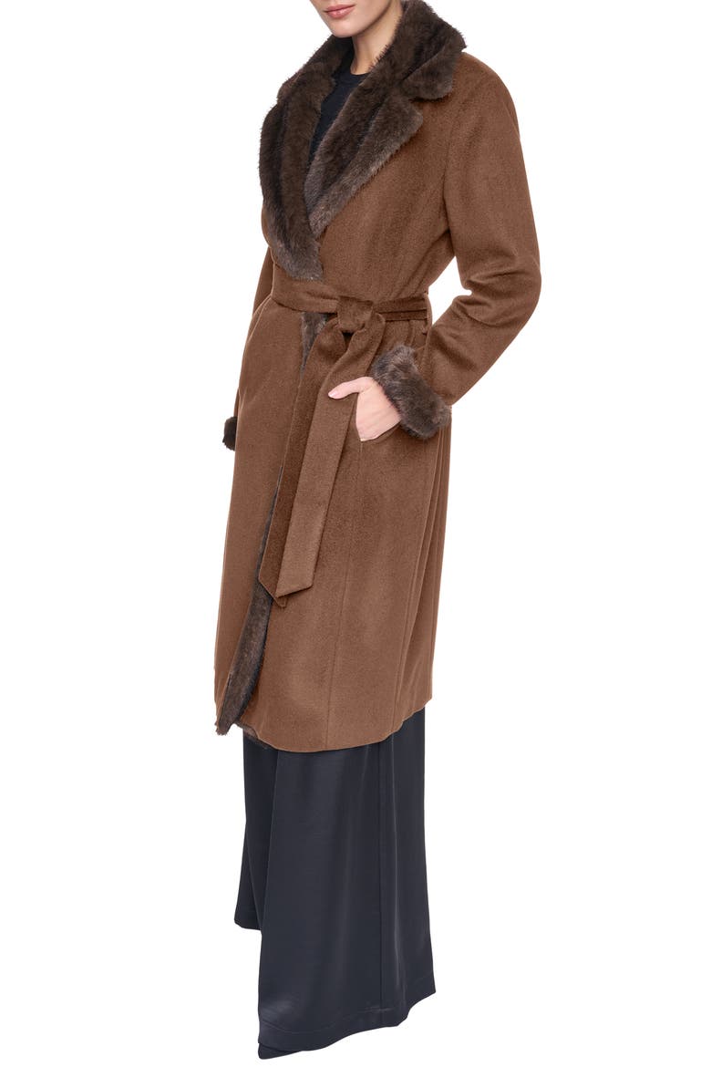 Belted Wool Blend Coat with Faux Fur Trim, Alternate, color, VICUNA