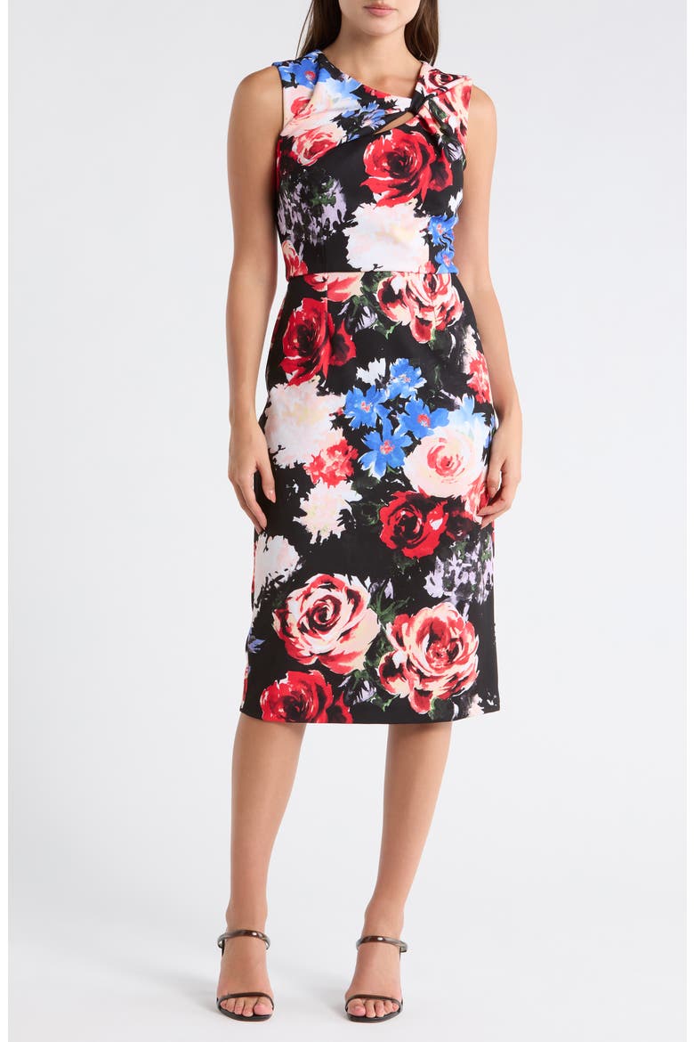 Floral Twist Front A-Line Dress, Main, color, BLACK MULTI