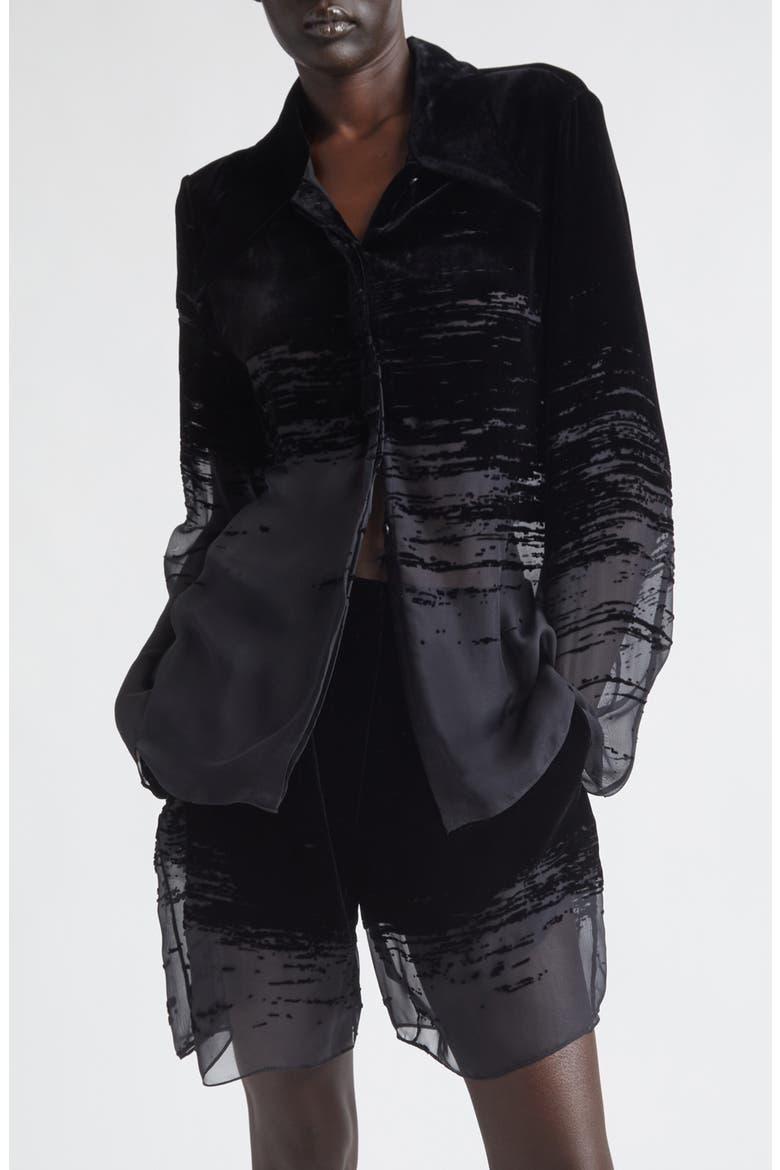 Glitch Devoré Velvet & Sheer Chiffon Button-Up Shirt, Main, color, BLACK