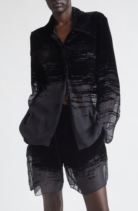 Glitch Devoré Velvet & Sheer Chiffon Button-Up Shirt