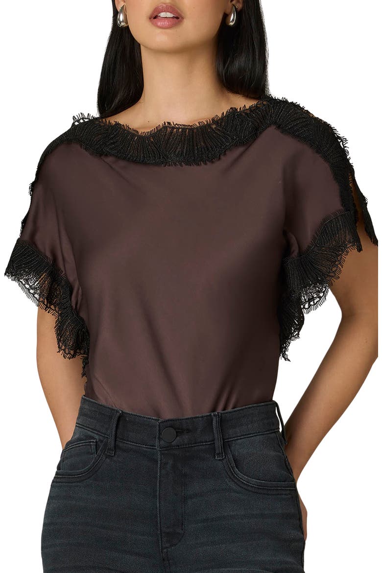 Boat Neck Lace Detail Top, Main, color, BROWN