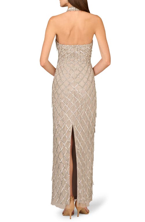Aidan Mattox By Adrianna Papell Beaded Halter Column Gown In Silver