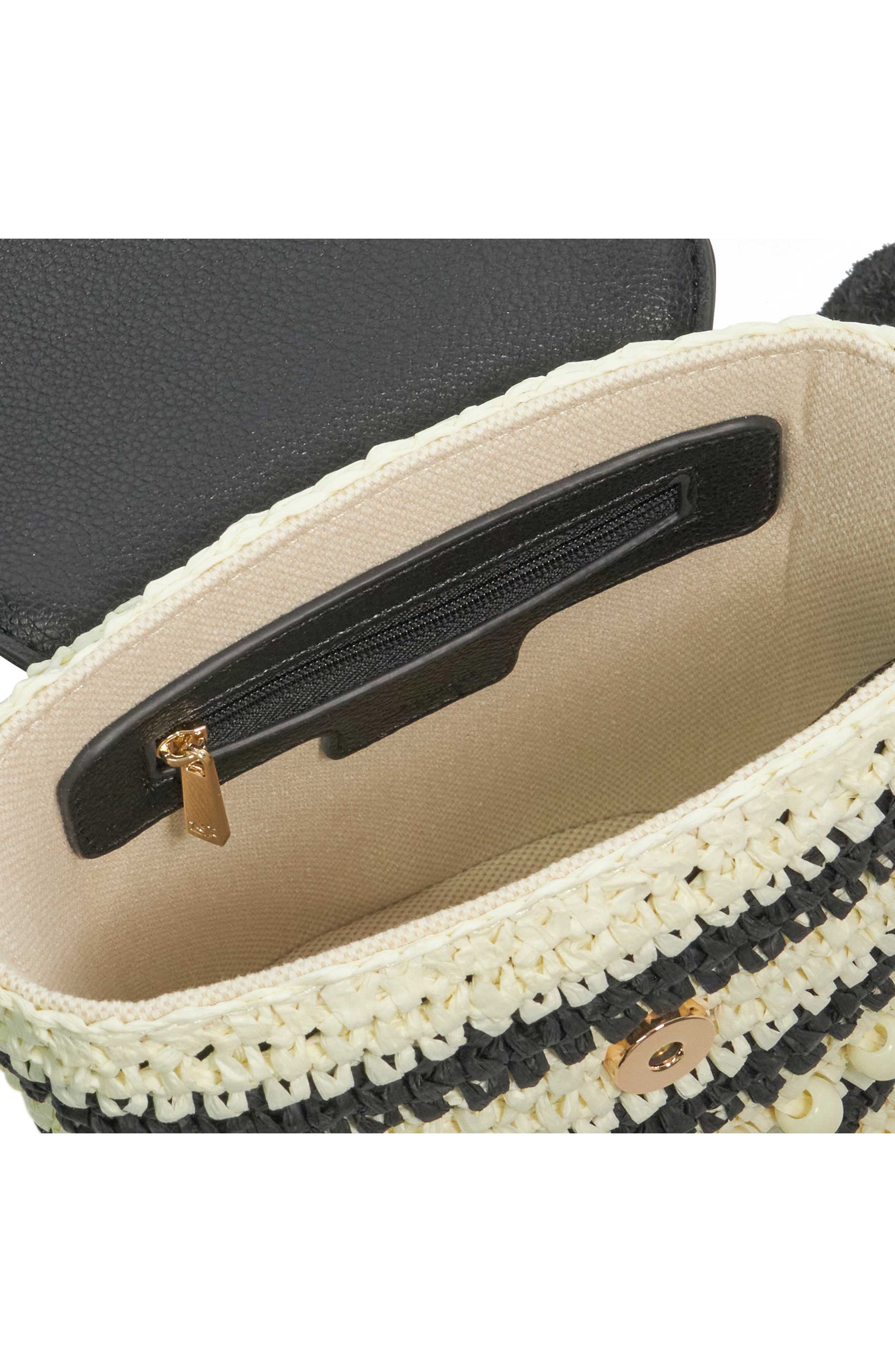 Dune London Dimple Raffia Handbag, Alternate, color, Black/ White
