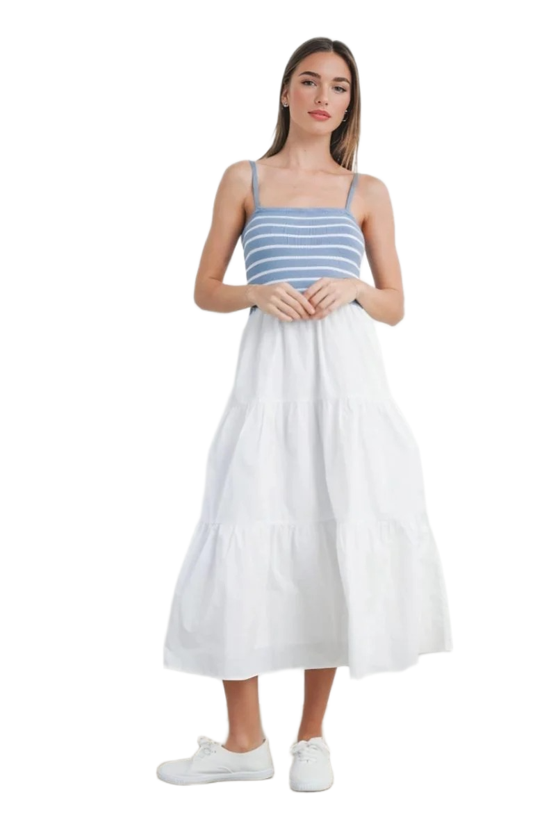 Knit and Lounge Striped Knit Bodice Tiered Midi Dress with Spaghetti Straps, Alternate, color, 