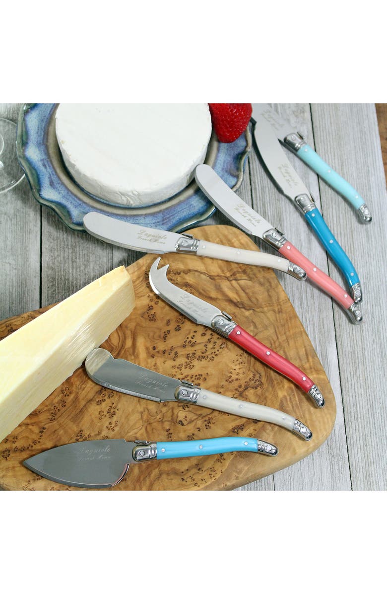 FRENCH HOME 7 Piece Laguiole Cream, Coral and Turquoise Cheese Knife and Spreader Set, Alternate, color, Coral And Turquoise And Ivory