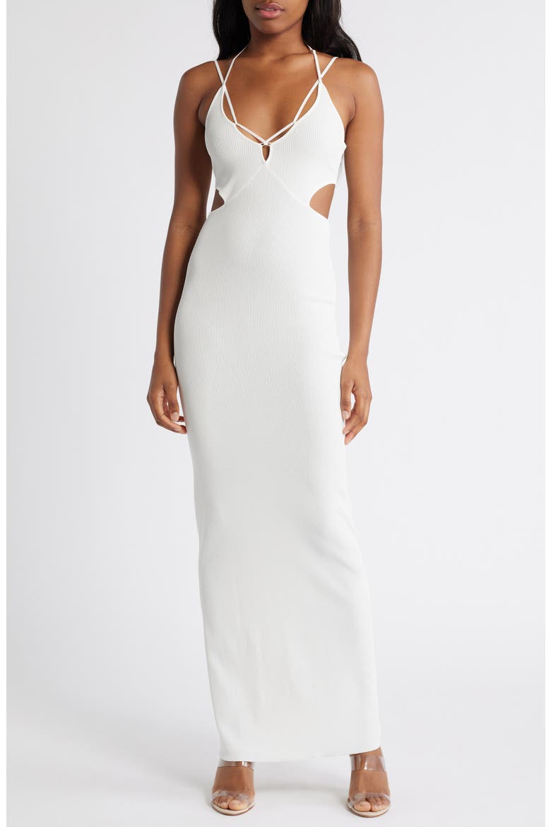 Strappy Cutout Rib Midi Dress, Main, color, WHITE