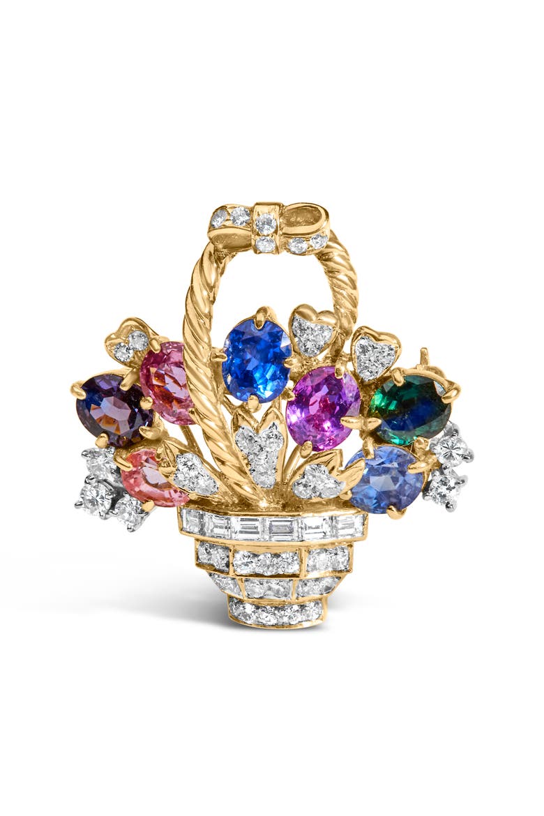 Gold 1 1/10 Cttw Diamond and Gemstone Floral Pendant Brooch Pin, Main, color, Yellow