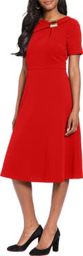 London Times Hardware Neck Fit & Flare Midi Dress