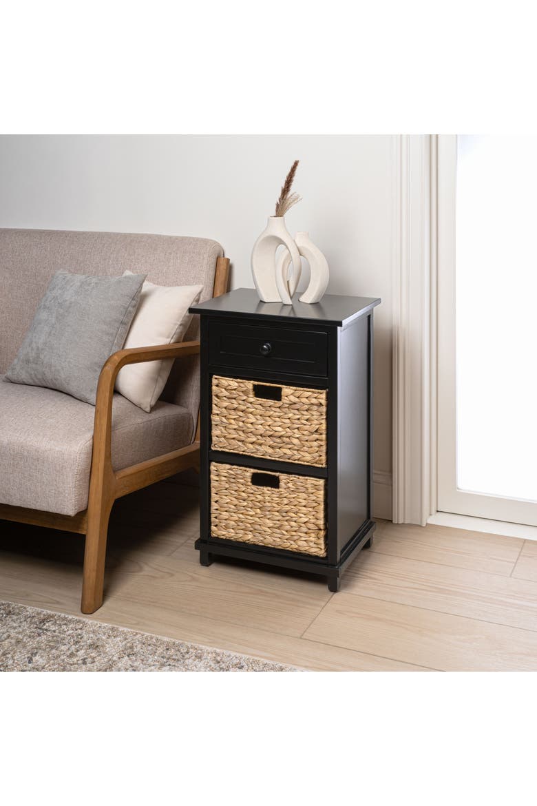 Malibu Rustic Handcrafted Acacia Wood Accent Storage Nightstand with Drawer and 2 Water Hyacinth Woven Baskets, Alternate, color, Black