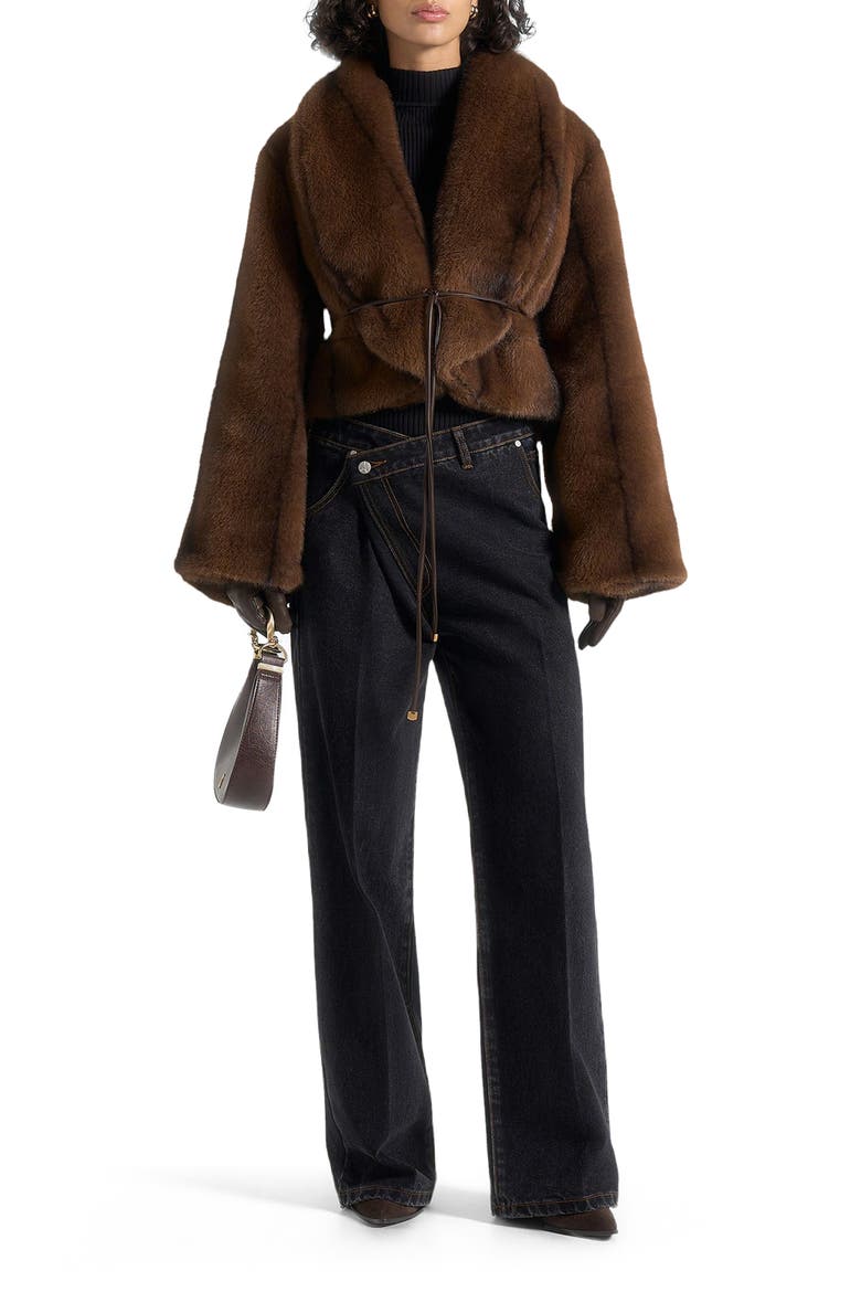 Nola Fur Shawl Jacket with Leather Belt, Alternate, color, Brown