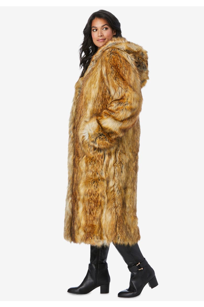 Plus Size Hooded Faux Fur Coat, Alternate, color, BLACK