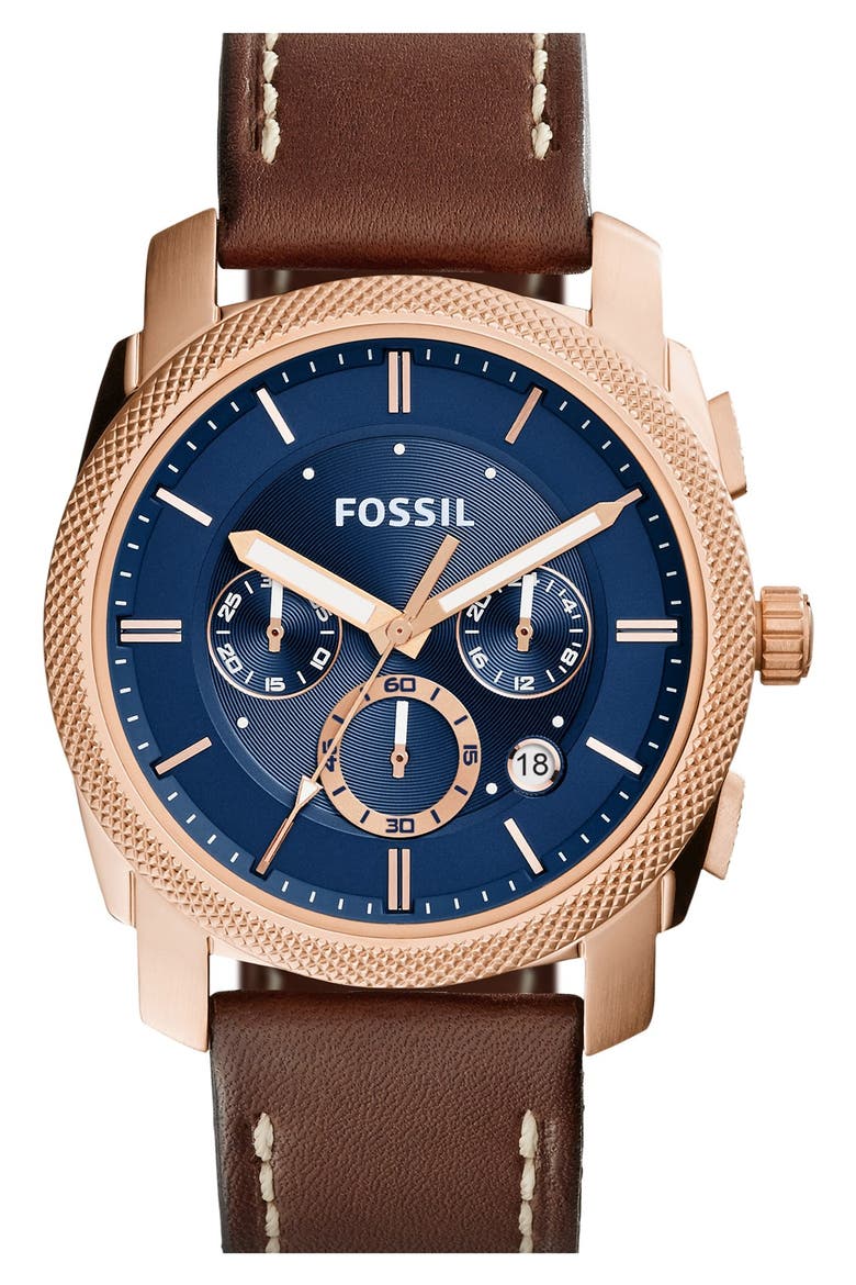 'Machine' Chronograph Textured Bezel Watch, 42mm, Main, color, BROWN/ BLUE/ ROSE GOLD
