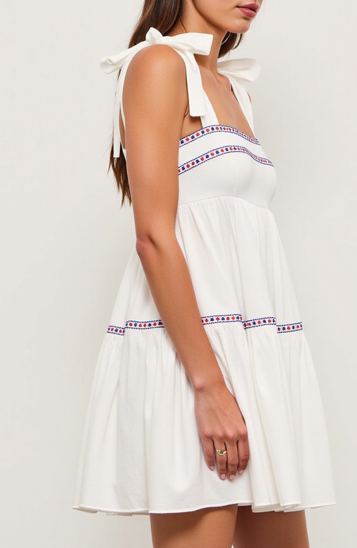 MODENAIRE MODENAIRE SLEEVELESS TIERED MINI DRESS WITH EMBROIDERED TRIM AND TIE STRAPS