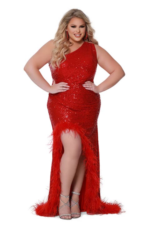 One Shoulder Sequin and Ostrich Feather Plus Size Gown
