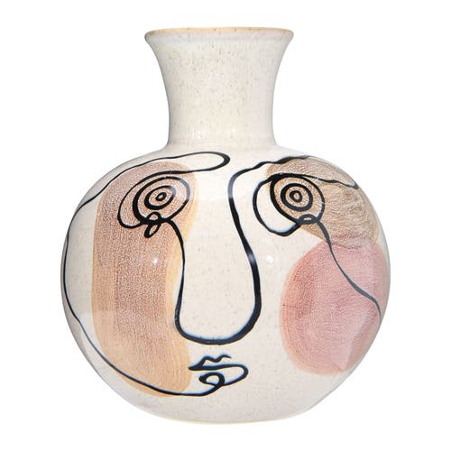 Storied Home Multi Color Hand-painted W/ Face Stoneware Vase In White