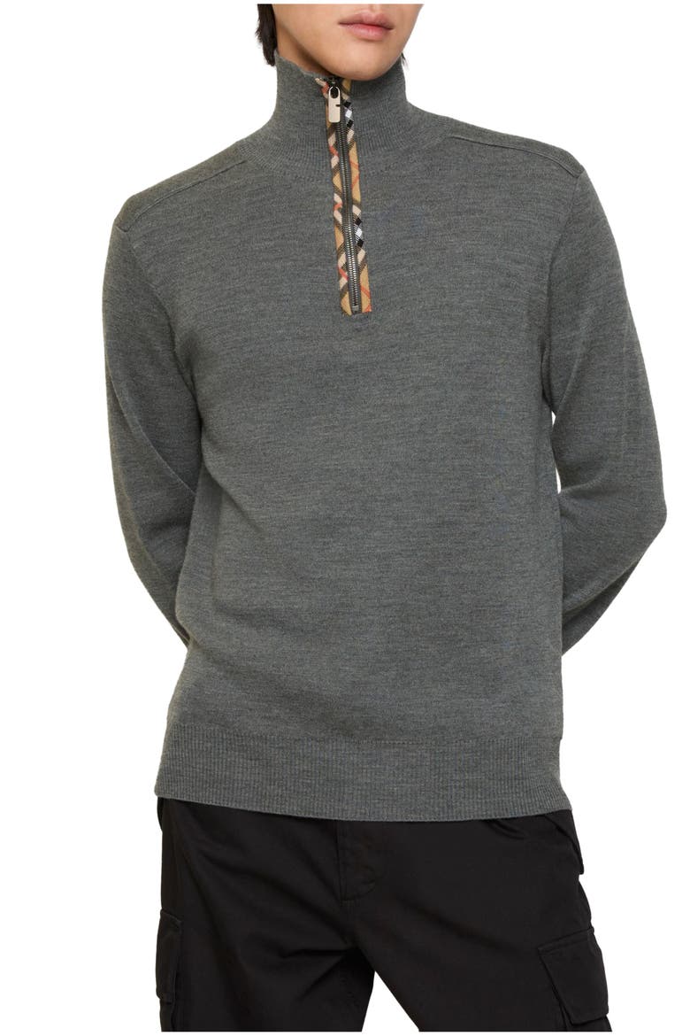 Check Trim Wool Half-zip Sweater, Main, color, Grey