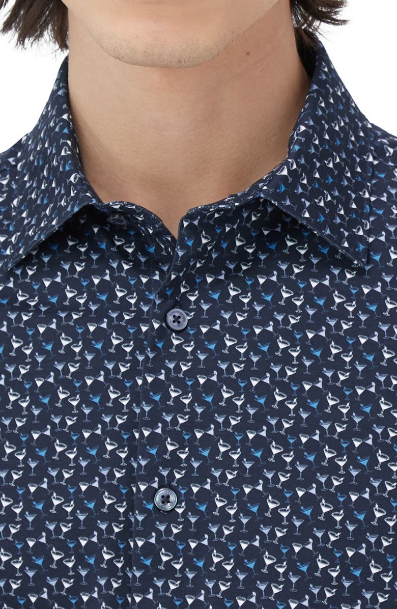 Bugatchi Miles OoohCotton<sup>®</sup> Barware Print Short Sleeve Button-Up Shirt, Alternate, color, Navy