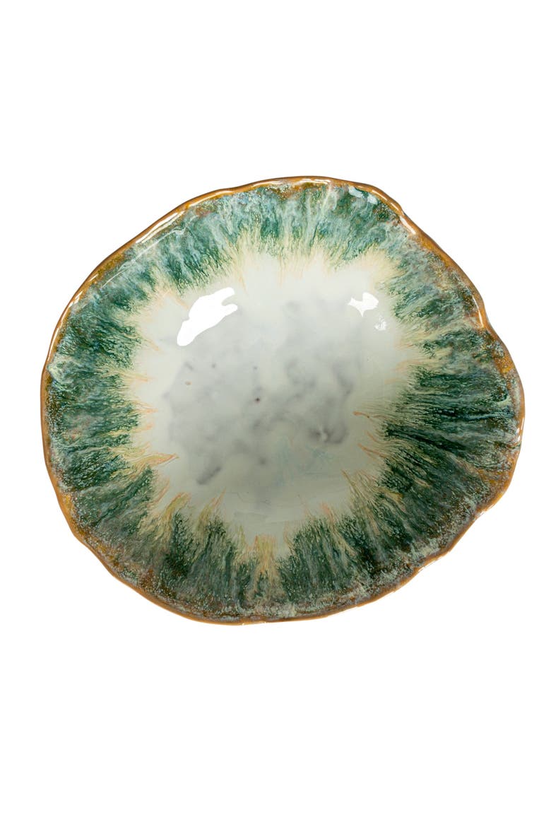 Large Stoneware Footed Bowl with Speckled Glaze, Green and Brown, Alternate, color, Blue