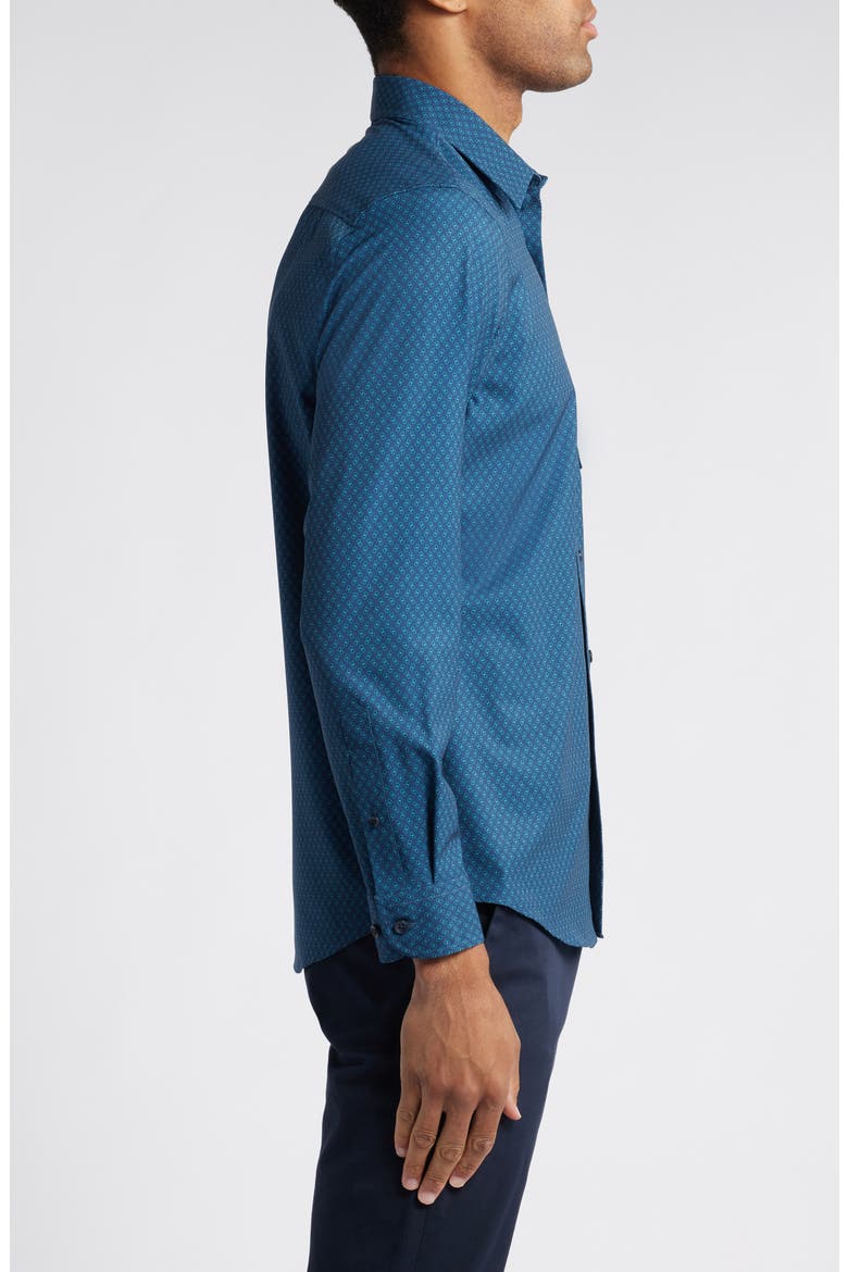 Trim Fit Stretch Performance Print Button-Up Shirt, Alternate, color, NAVY- TEAL ODIE DOT