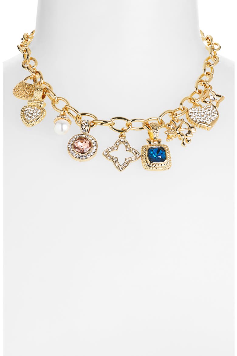 Faux Pearl & Crystal Charm Necklace, Alternate, color, GOLD