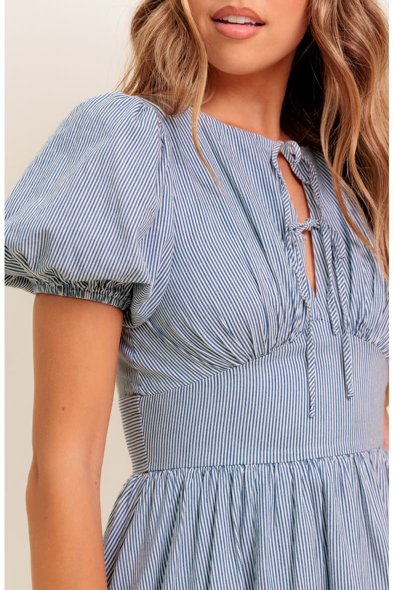 Split Neck Puff Sleeve Midi Dress, Alternate, color, IVORY BLUE