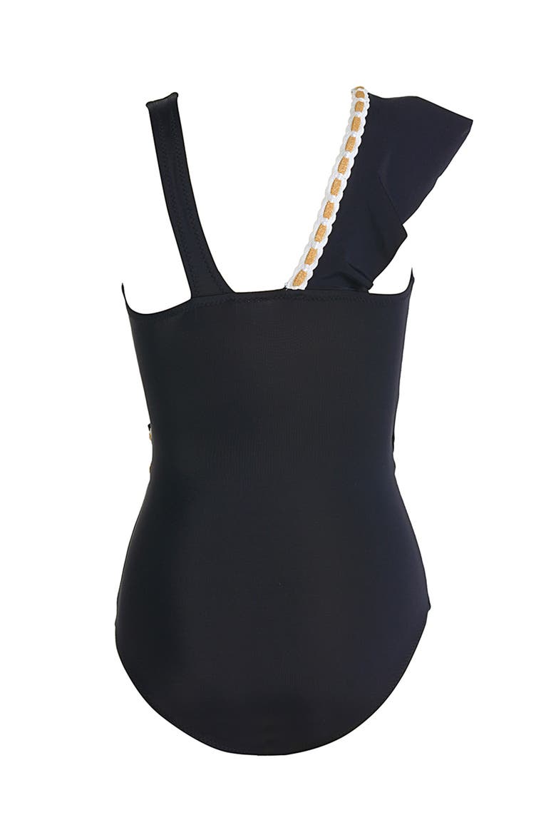 Asymmetrical Ruffle Decorative Embroidery Accents One-Piece Swimsuit, Alternate, color, Black