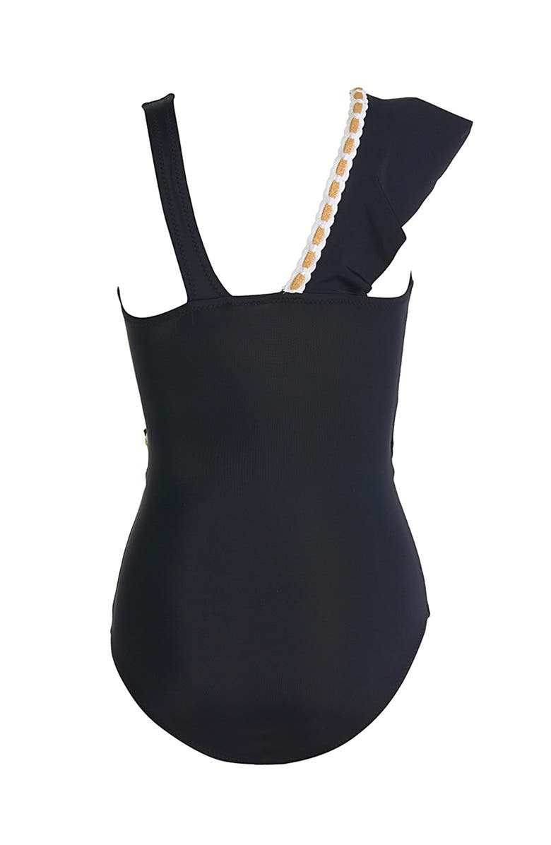 NESSI BYRD Asymmetrical Ruffle Decorative Embroidery Accents One-Piece Swimsuit, Alternate, color, Black
