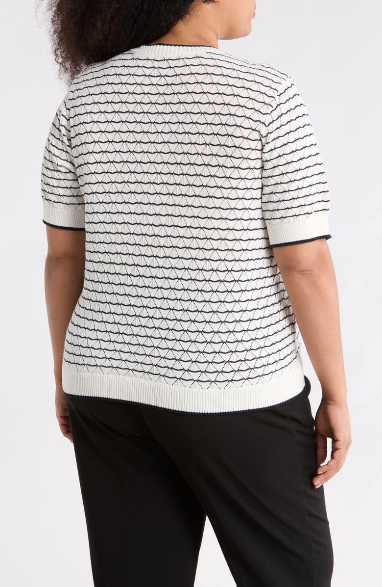 Adrianna Papell Stripe Short Sleeve Cotton Cardigan, Alternate, color, Ivory/ Navy