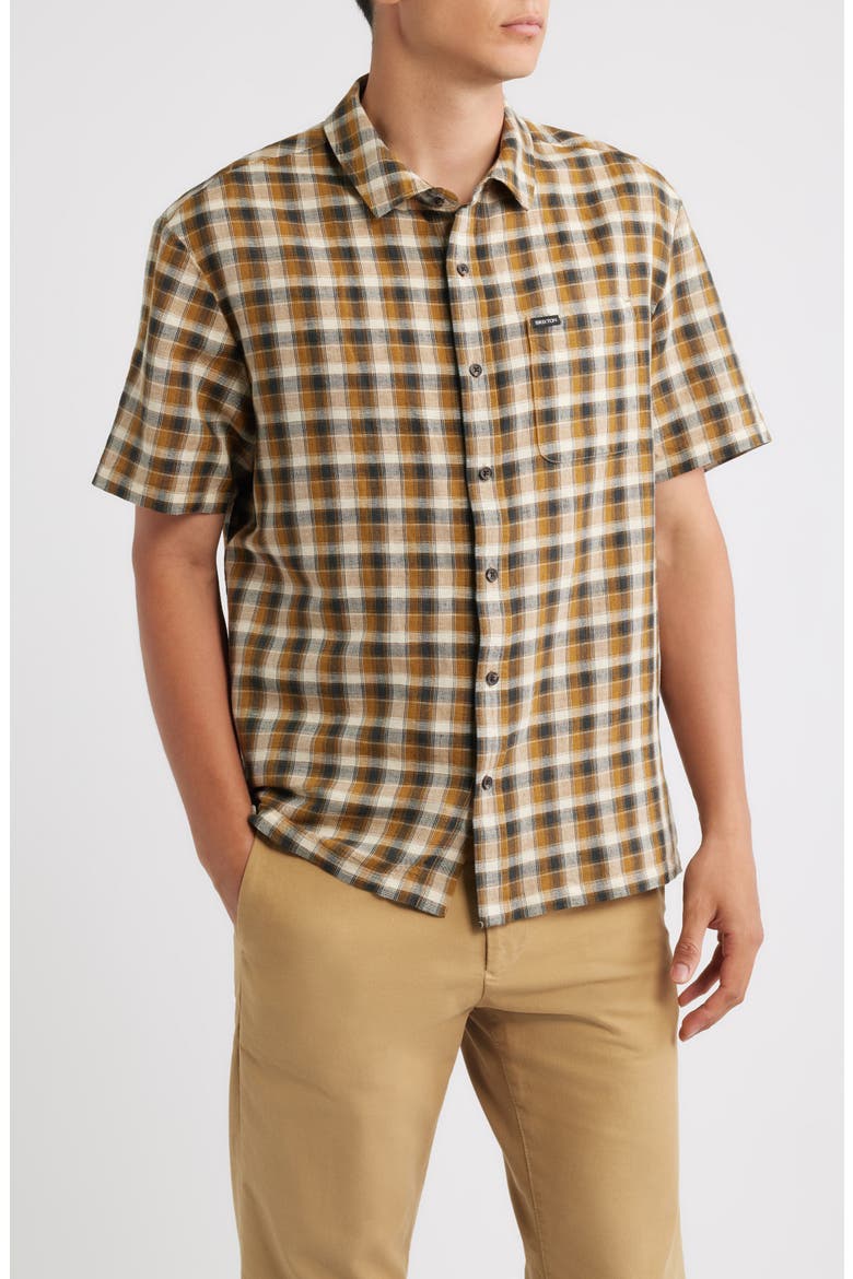 Cru Plaid Linen Blend Short Sleeve Shirt, Main, color, BLACK/ TOBACCO PLAID