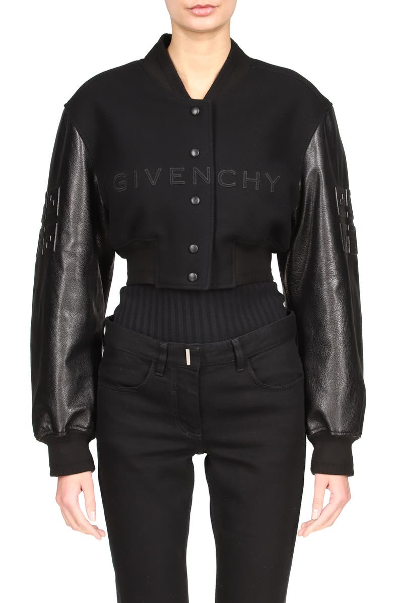 Givenchy Leather Sleeve Logo Crop Varsity Jacket, Main, color, 
