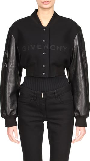 【GIVENCHY】CROPPED VARSITY W/ LEATHER SLEEVES Givenchy Black Leather Sleeve Logo Crop Varsity Jacket