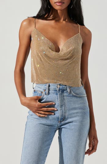 Astr The Label Mika Rhinestone Metallic Mesh Top In Neutral