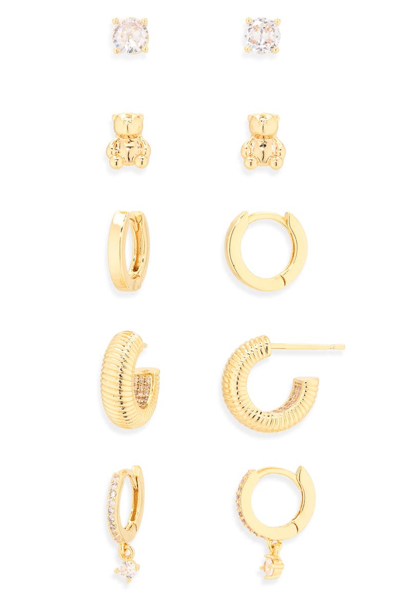 5-Pack Teddy Huggie & Stud Earrings, Alternate, color, CLEAR- GOLD