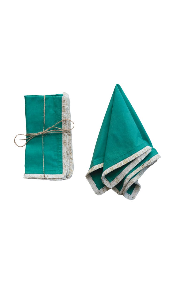 Storied Home Elegant Embroidered Fringe Cotton Napkins, Main, color, Green