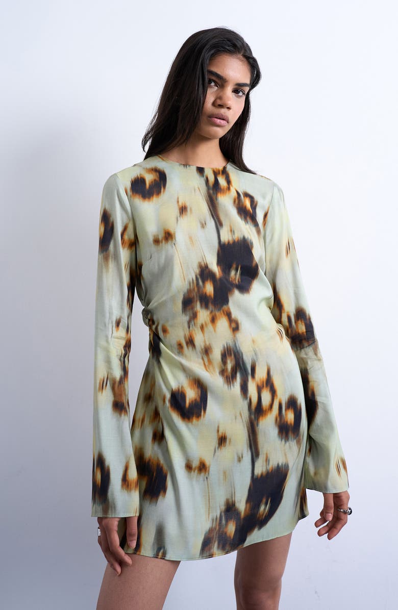 Topshop Ruched Long Sleeve Minidress, Alternate, color, Black Multi