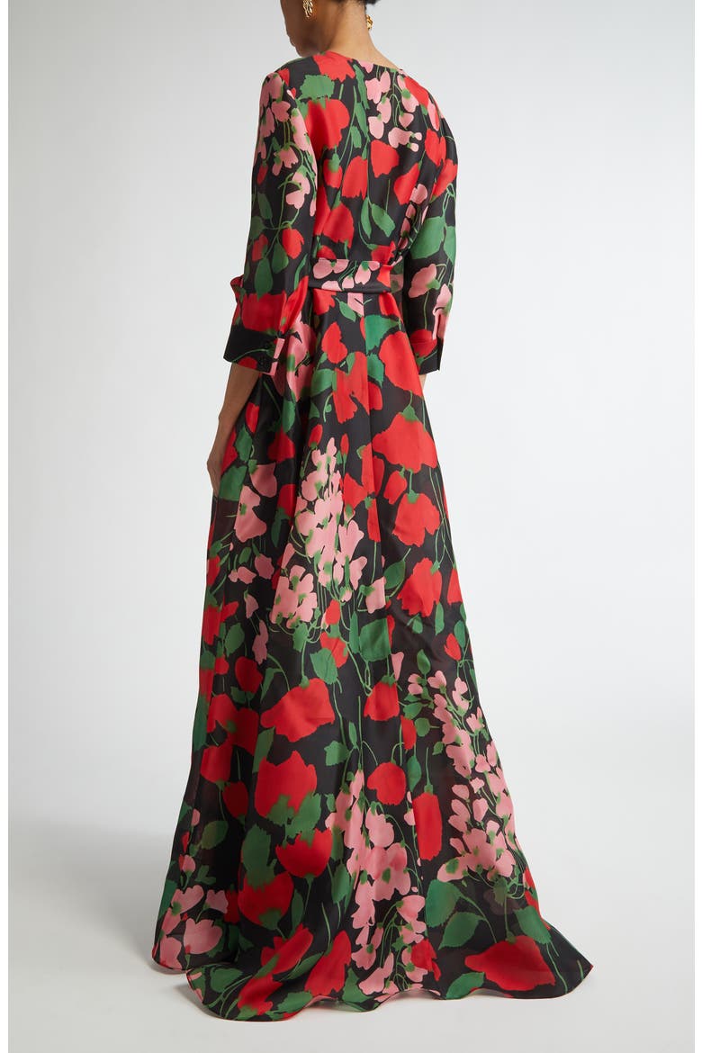 Floral Print Silk Gazar Trench Gown, Alternate, color, BLACK MULTI