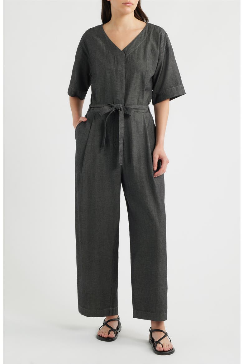 Wide Leg Organic Cotton Twill Jumpsuit, Main, color, BLACK