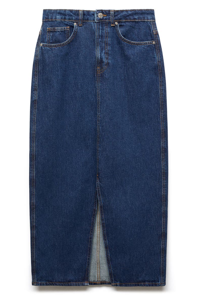 Front Slit Denim Midi Skirt, Alternate, color, DARK BLUE