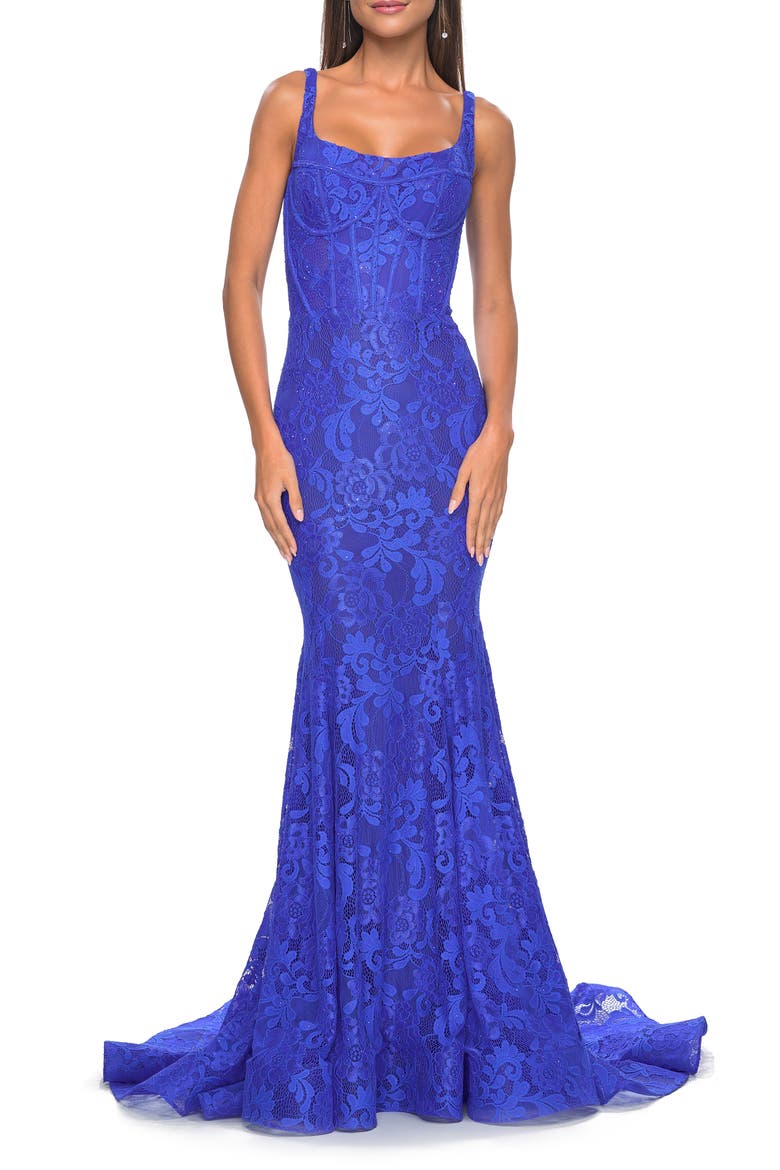 Mermaid Stretch Lace Gown with Corset Top, Main, color, Royal Blue