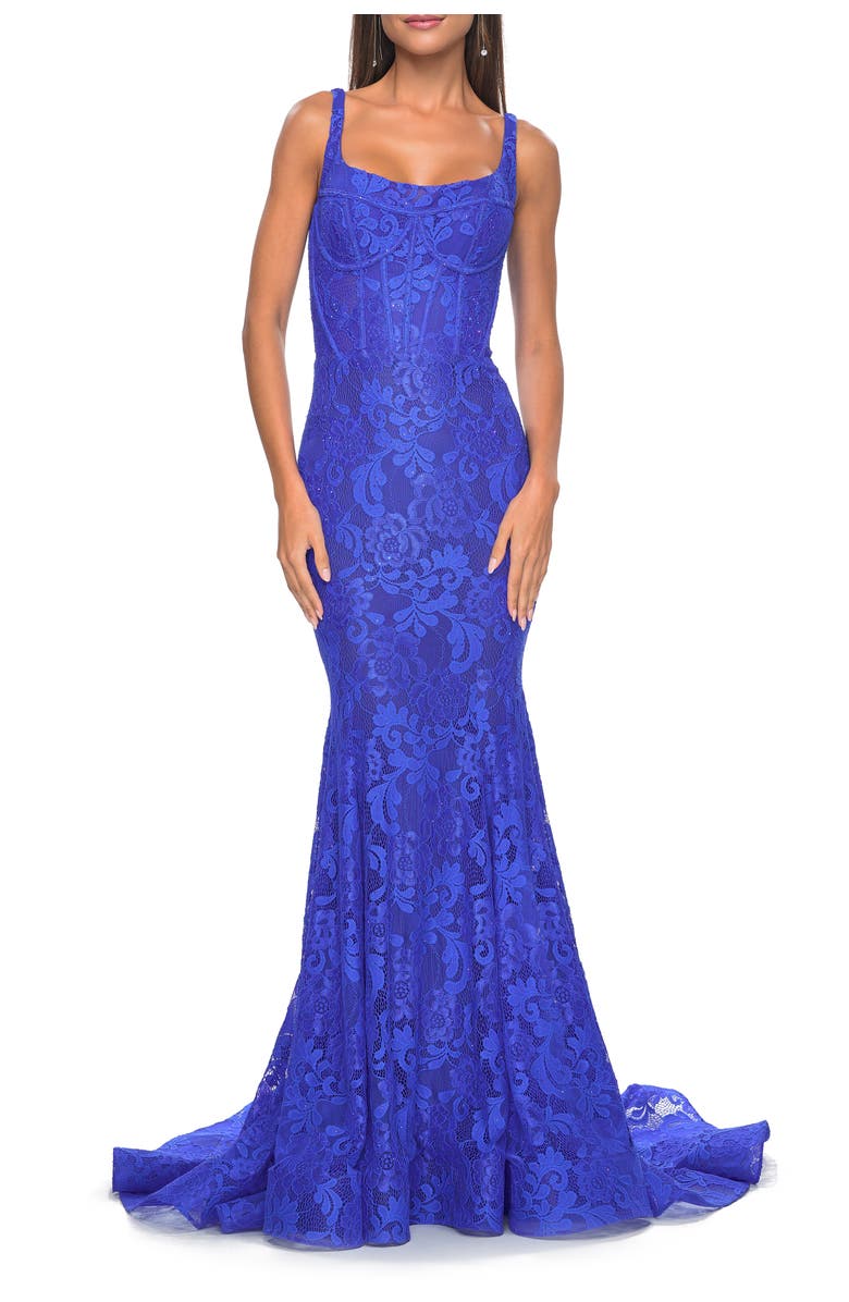 La Femme Mermaid Stretch Lace Gown with Corset Top, Main, color, Royal Blue