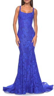 La Femme Mermaid Stretch Lace Gown with Corset Top