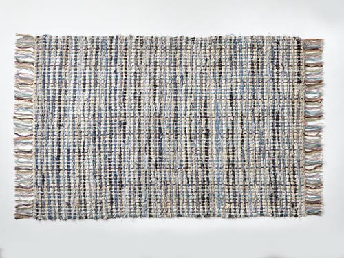 Tag Plaid Chindi Blue Indoor Rug With Tassels Cotton Doormat In Multi