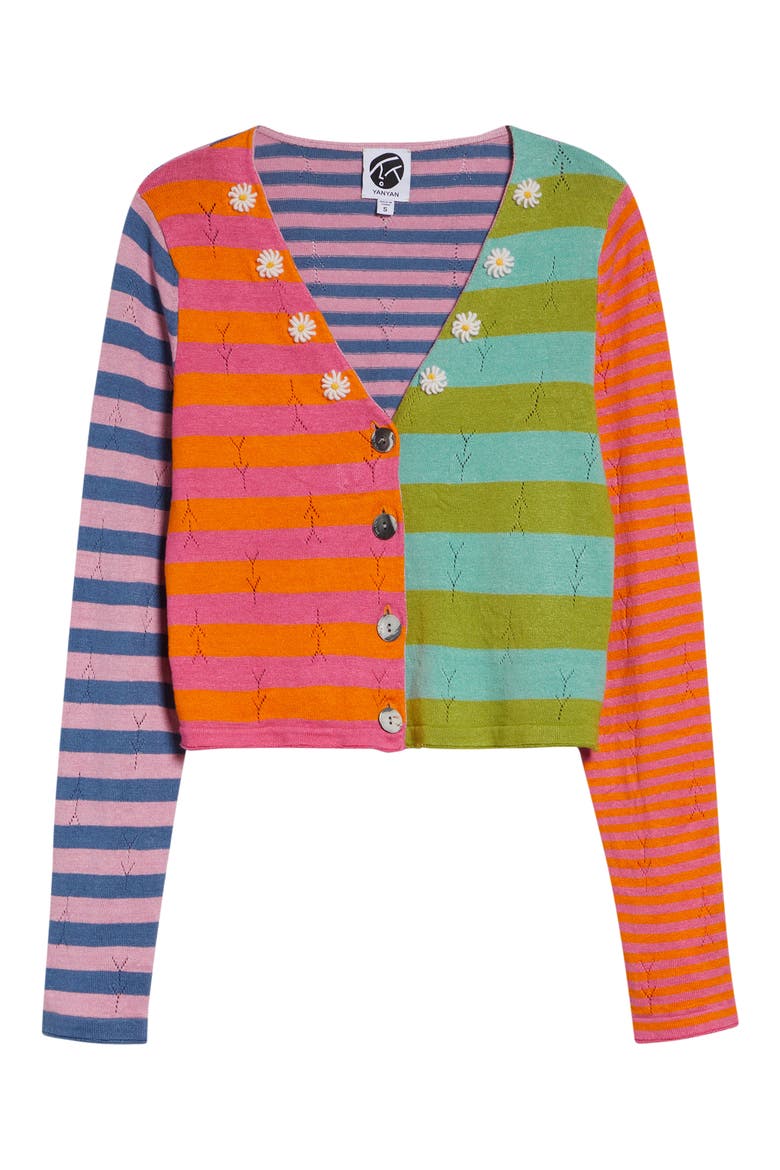 Daisy Stripe Linen Blend Cardigan, Alternate, color, CANDY/ ORANGE MULTI
