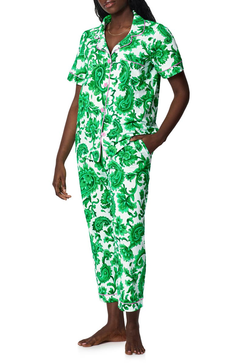 BedHead Pajamas Print Stretch Organic Cotton Jersey Crop Pajamas, Alternate, color, Sorrento Verde