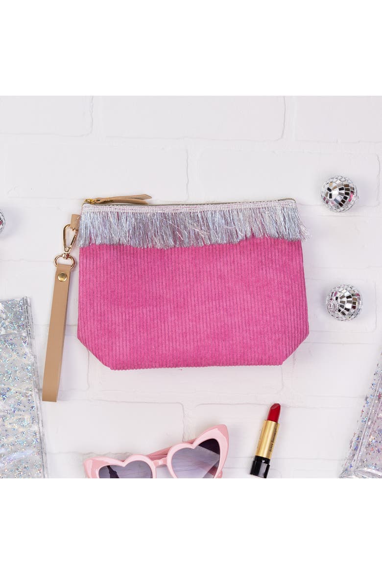 Pink Corduroy Bag w/ Fringe Polyester Pink, Alternate, color, Pink