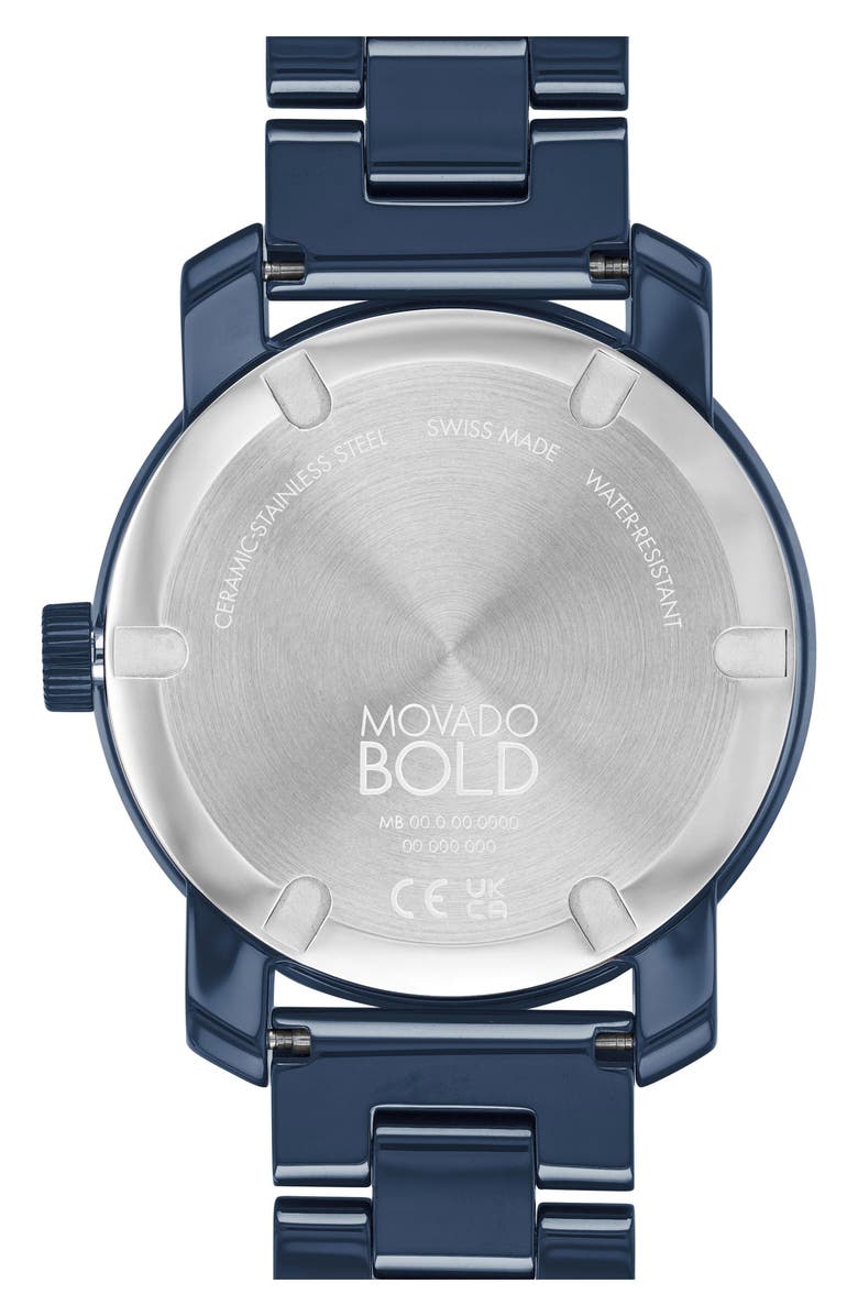 Movado Bold Iconic Crystal Embellished Ceramic Bracelet Watch, 36mm, Alternate, color, Blue Dial