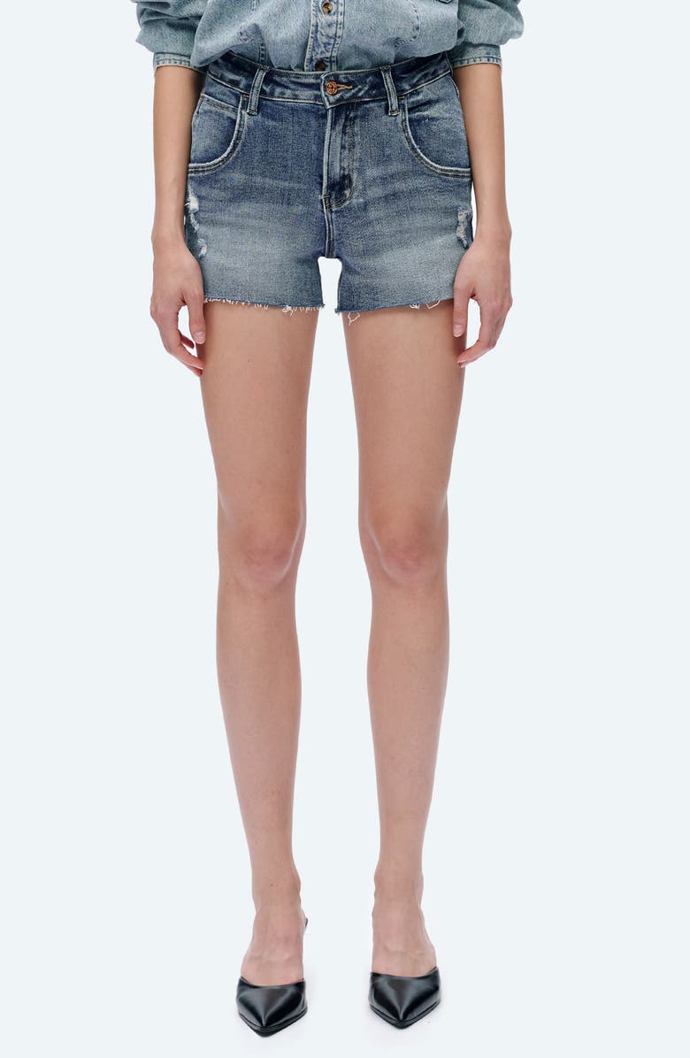 Bayeas Nova Raw Hem Mid Rise Denim Shorts, Main, color, Rock Indigo